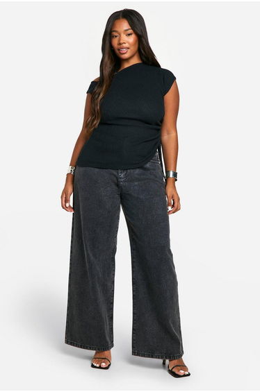 Plus Brushed Rib Asymmetric Ruched Side Top - black