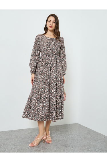 Women Floral Printed Balloon Sleeve Midi Dress