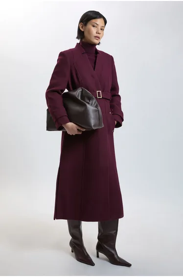 Petite Wool Investment Notch Neck Belted Detail Tailored Maxi Coat