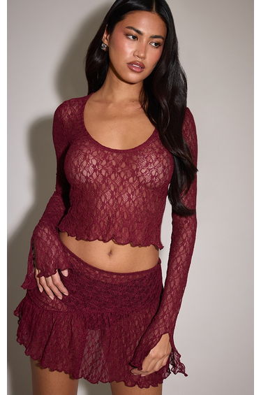 Wine Lace Plunge Flute Sleeve Crop Top