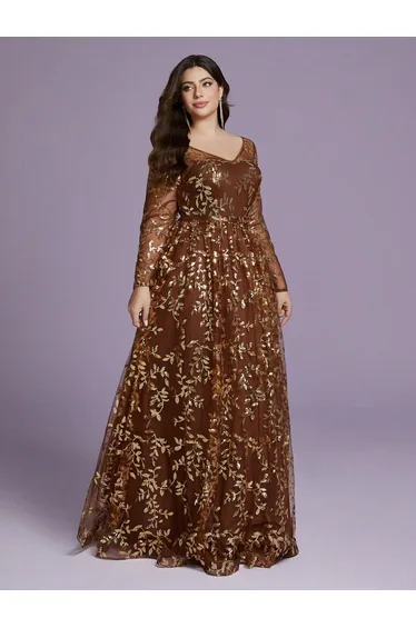 Leely Plus Women's Elegant V Neck Long Sleeve Sequin Embroidery A-Line Dress