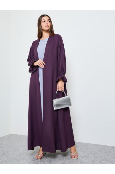 Purple Solid Frill Sleeves Front Open Abaya