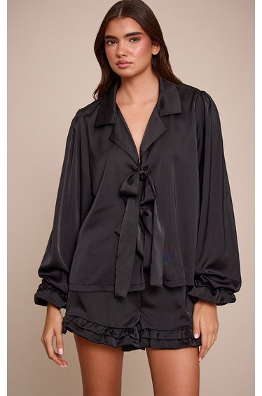 Black Frill Bow Tie Up Pyjamas