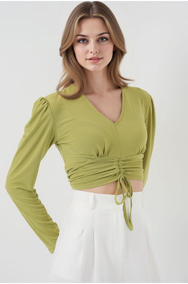 BDART Textured V-Neck Crop Top with Ruffle Detail