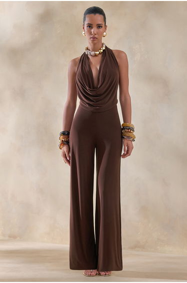 Clemence | Brown Plunge-Neck Jumpsuit