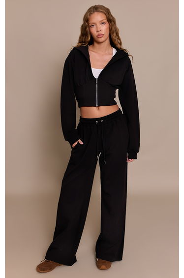 Black Embroidered Interlock Rib Panel Wide Leg Joggers