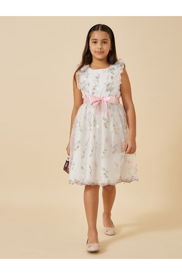 Embroidered Ruffle Detail Mesh Dress with Belt