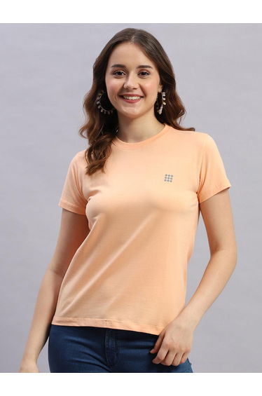 Women Peach Solid Round Neck Short Sleeve Top