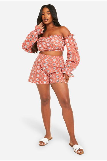 Plus Broderie Cold Shoulder Crop Top - rust