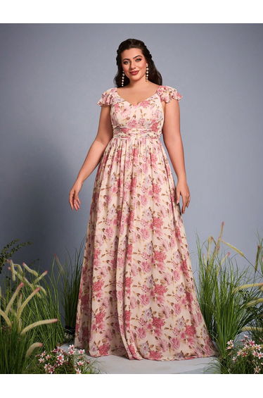 Leely Plus Women's Elegant V Neck Flounce Sleeve Party Dresses