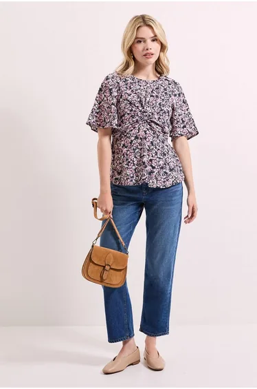 Pink Floral Twist Front Angel Sleeve Top