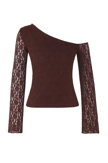 Brown Lace Asymmetrical Collar Fitted/Fits-A-Body Knitted Blouse