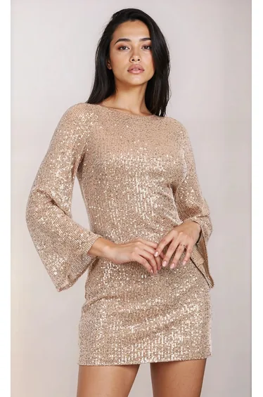 Champagne Sequin Backless Mini Dress by Chloe Lewis