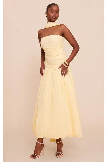 Lemon Bandeau Scarf Detail Puffball Midaxi Dress