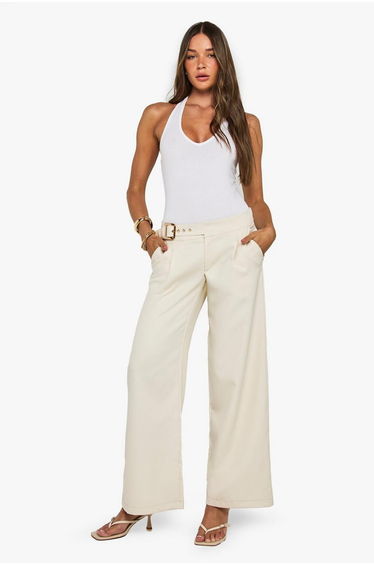 Low Rise Belted Straight Leg Trousers - ecru