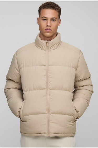 Tall Funnel Neck Puffer Jacket in Stone - stone