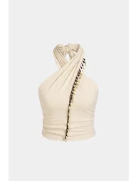 Beaded Crossed Halter Neck Tie-Up Tank Top - 1