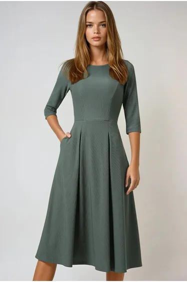 Khaki Boat Neck Three-Quarter Sleeve Pleated Detailed Double Pocket Midi Length Flared Dress