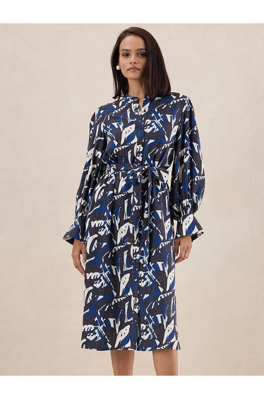 Abstract Print Tie Belt Midi Dress