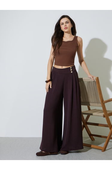 Brown Fold-Pleat Detail Wide Leg Pants