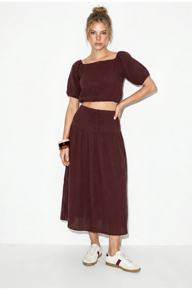 LUCCI Cotton Seersucker Blouse And Midi Skirt Set