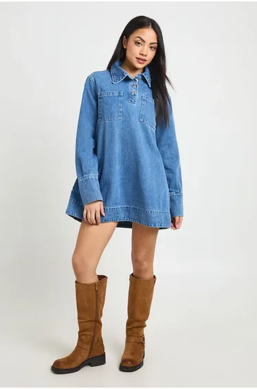 Long Sleeve Denim Dress - mid blue