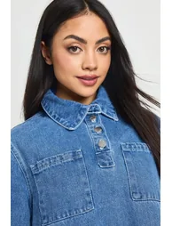 Long Sleeve Denim Dress - mid blue - 3