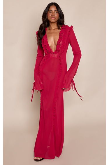 Deep Fuchsia Chiffon Long Sleeve Ruffle Detail Maxi Dress