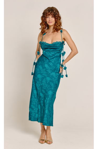 Teal Petal Strap Satin Jacquard Maxi Dress
