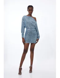 Blue Ruched Bodycon Mini Dress with One Shoulder - 2