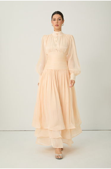 Divine Beauty Apricot High Neck Pleated Maxi Dress