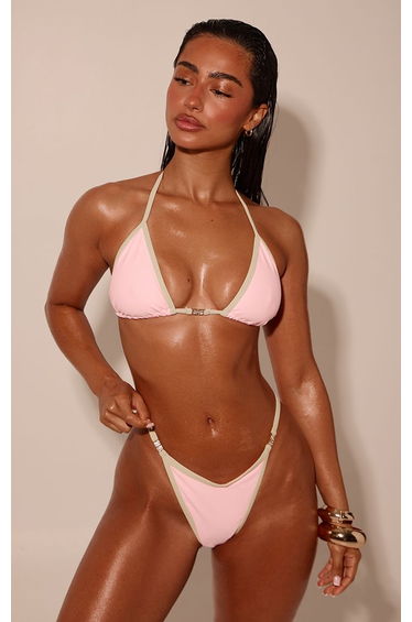 Pink Contrast Binding Thong Bikini Bottoms