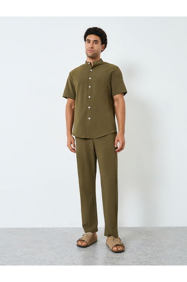 Men Solid Stand Collar Shirt and Pants Co-Ords