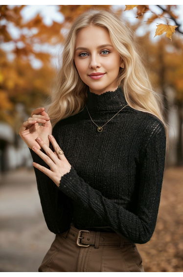 Fuzzy Ribbed Texture High Neck Top in Black