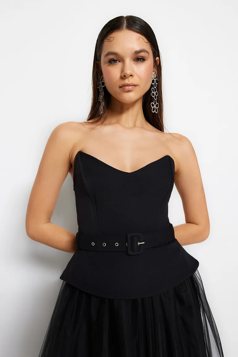 black strapless skater dress Women's Black Woven Bandeau Ruched Skater Midaxi Dress