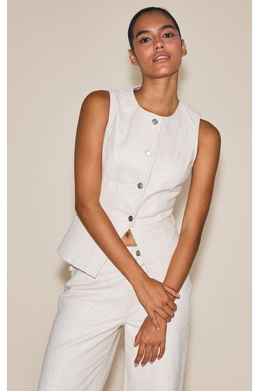 Cream Snake Print Round Neck Longline Coated Denim Waistcoat