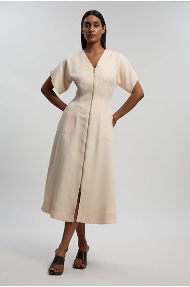 Tencel Blend Tailored V Neck Zip Detail Maxi Dress