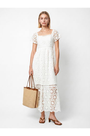 Lovedrobe Cream Floral Lace Square Neck Short Sleeve Midaxi Dress