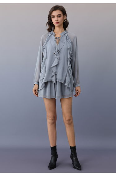 Breezy Ruffle Tie-Neck Chiffon Top and Shorts Set in Dusty Blue