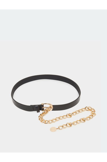 Black Faux Leather Belt with Chain Detail