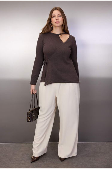 Brown Double Breasted Lace-Up Detailed Slim Knitwear Blouse
