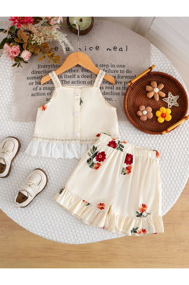 Girls Floral Print Sleeveless Ruffle Hem Top and Shorts Set
