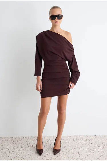 Brown Bodycon/Fitted Asymmetric Neckline Short / Mini Scuba Crepe Knitted Dress