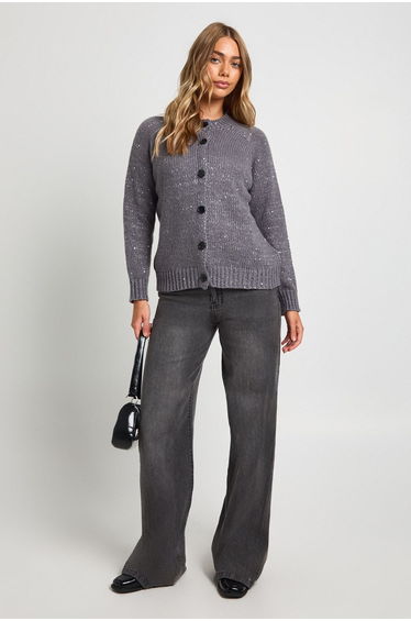 Sequin Detail Knitted Cardigan - charcoal