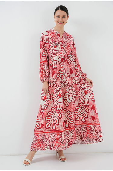 BDART Printed V-Neck Maxi Dress with Button Closure