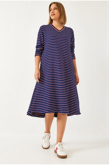 Women's V Neck Striped Long Dress