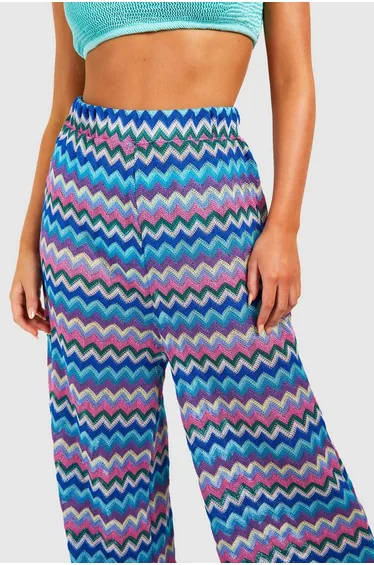 بنطلون بحر محبوك بأرجل عريضة بنقشة متعرجة - أزرق 