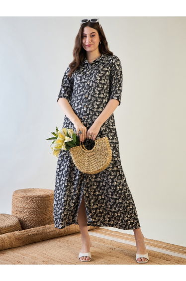 Black Floral Printed Button Down Nightdress