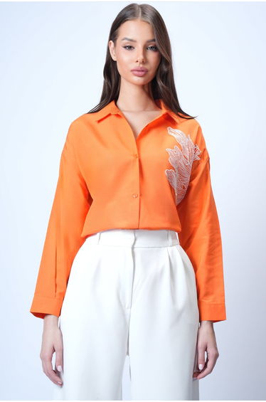 Women's Orange Floral Embroidered Oversized Woven Shirt