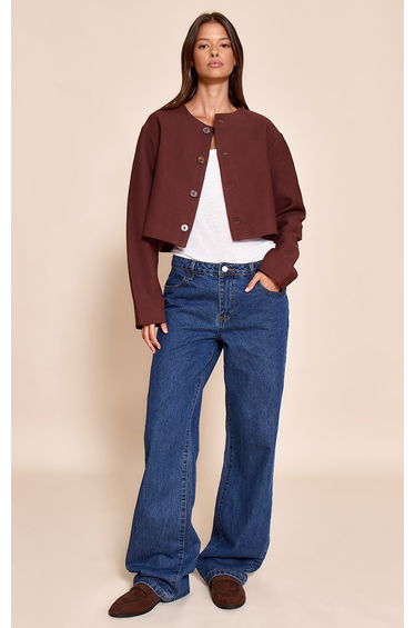 Chocolate Linen Look Boxy Button Up Jacket
